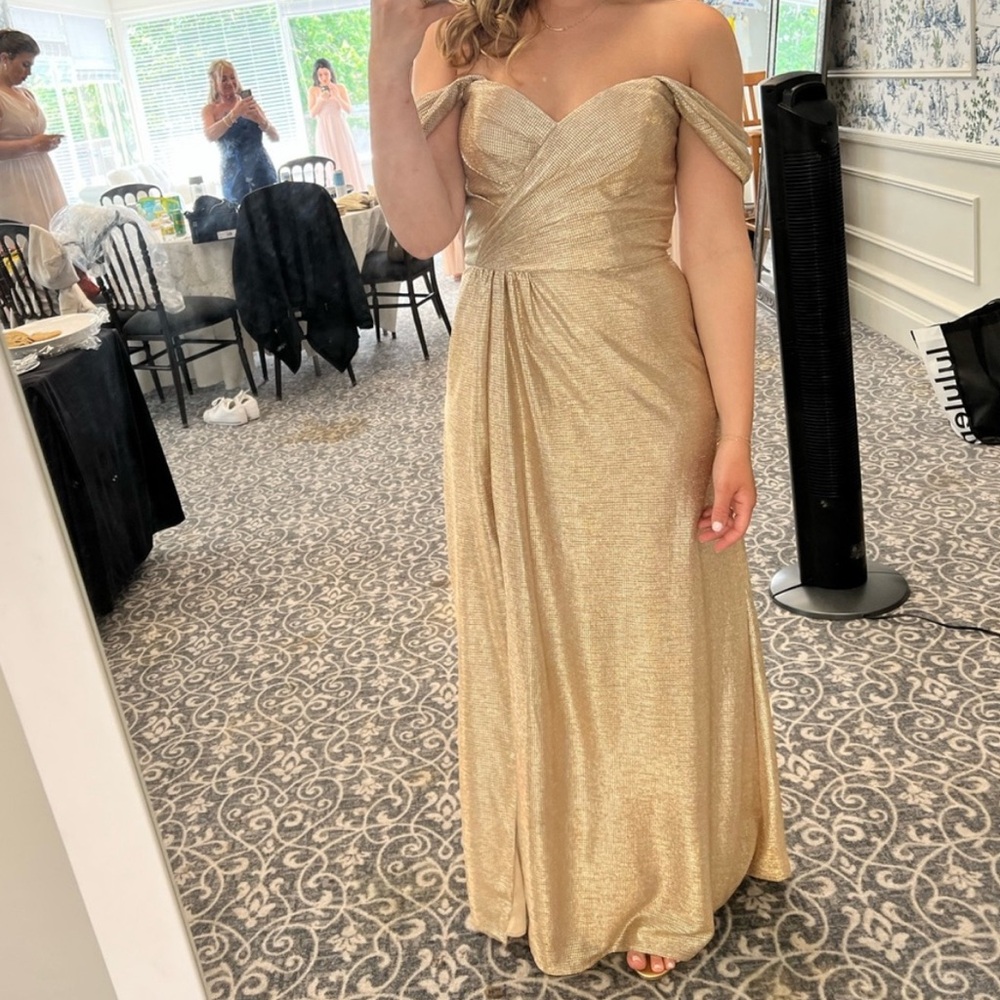 Hayley Paige Ocassions Elegant Gold Off-Shoulder Dress